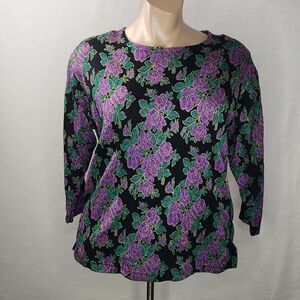 Vintage Floral Blouse Black Purple Green Shoulder Pads Long Sleeve Women’s 1X